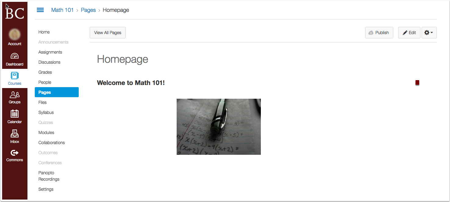 A sample home page with text reading "Welcome to Math 101!" and an image
