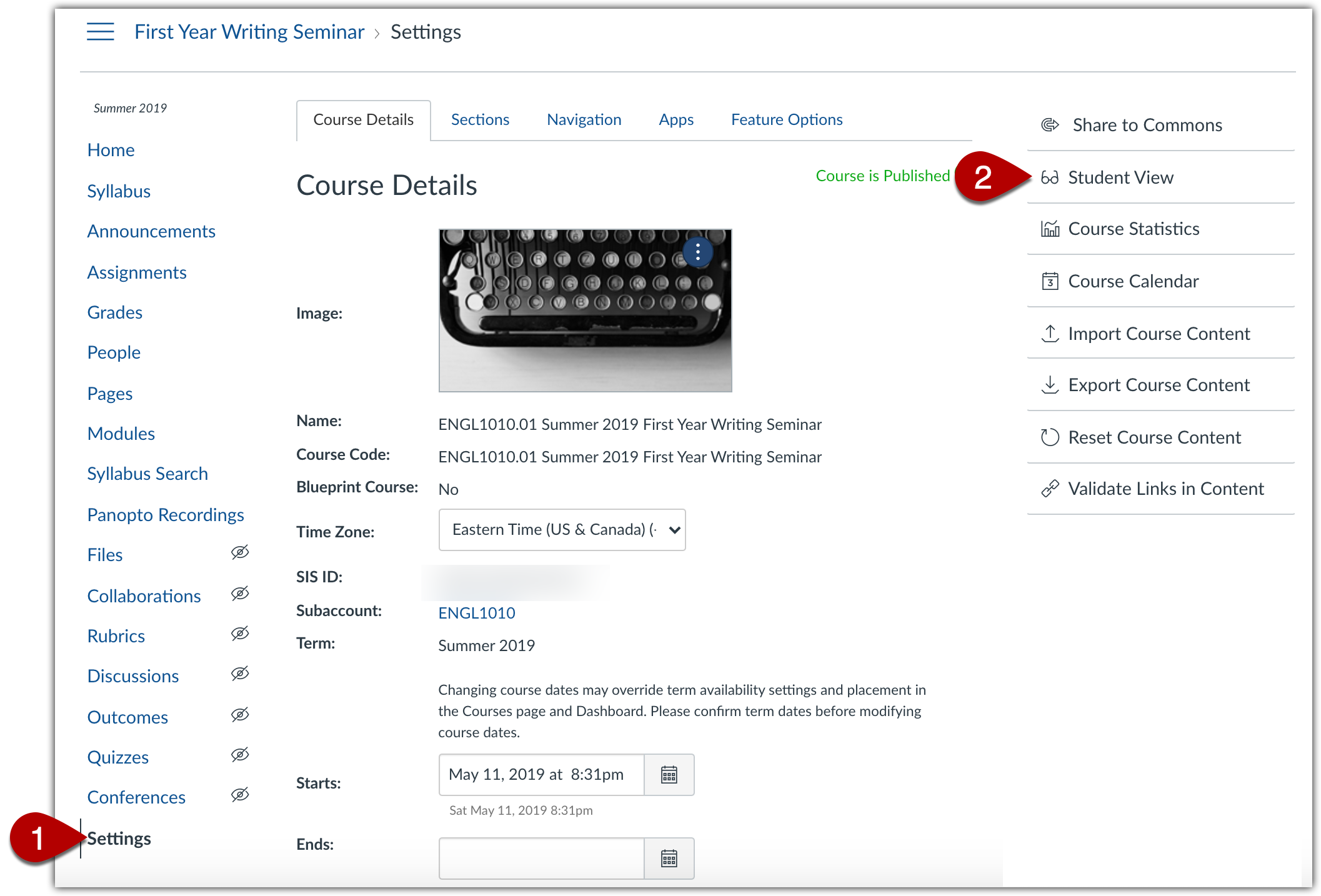 Canvas settings page and "Student View" link