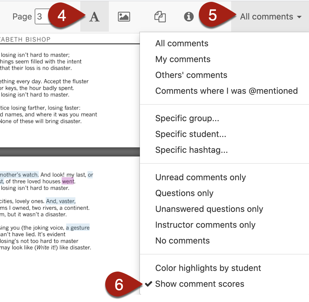 Perusall's top panel showing options for filtering comments in a dropdown box.