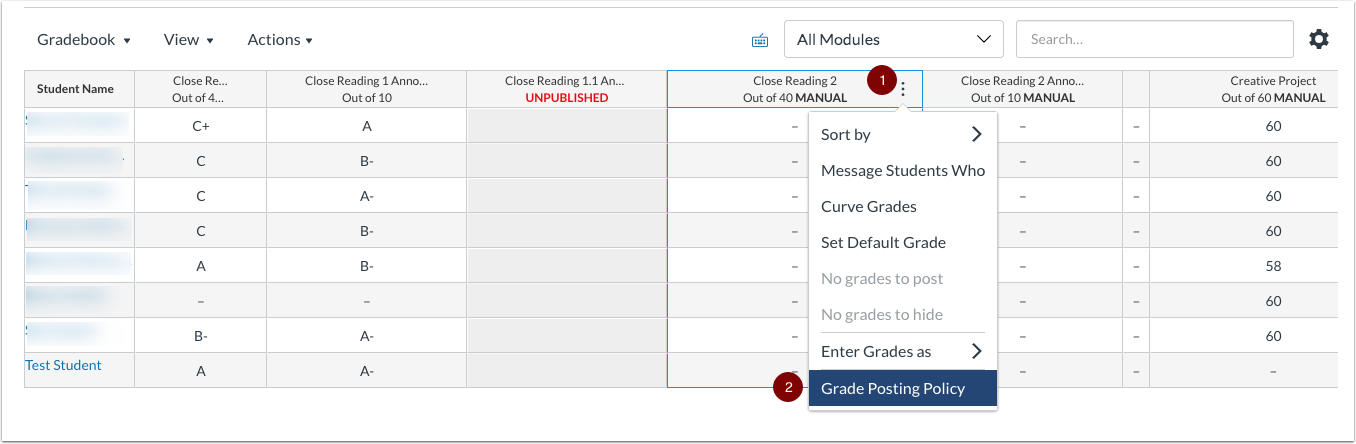assignment specific grade posting policy with numbers