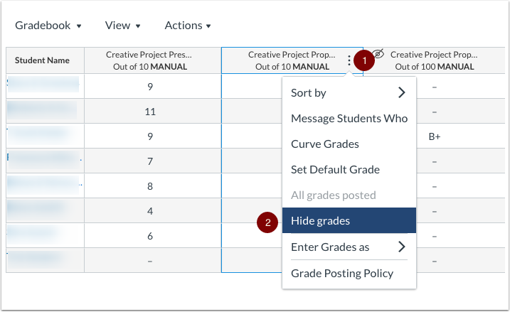 Dropdown box with "hide grades" selected