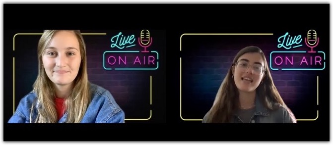 The headshots of two students are next to one another. Behind each headshot is a neon backdrop depicting a microphone and the phrase "Live On Air"