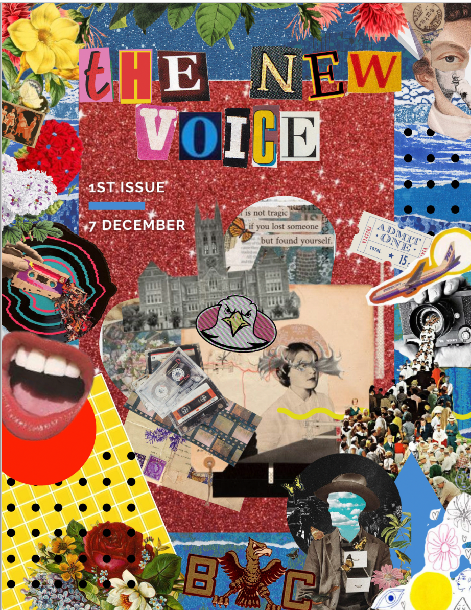 The title page of the first issue of The New Voice. The title is created with magazine cutouts which are laid over a collage background that includes a glittery red background, flowers, BC logos and graphics, an open mouth, an airplane, people walking out of a camera lens.