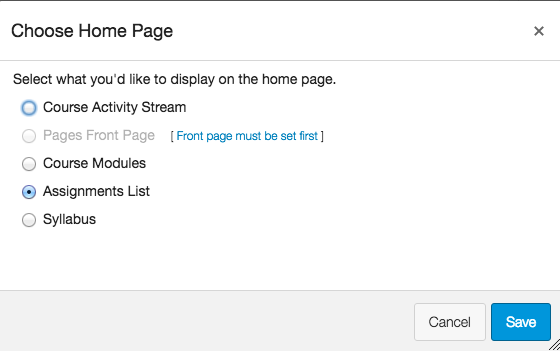Home page options including Course Activity Stream, Pages Front Page, Course Modules, Assignments List, Syllabus