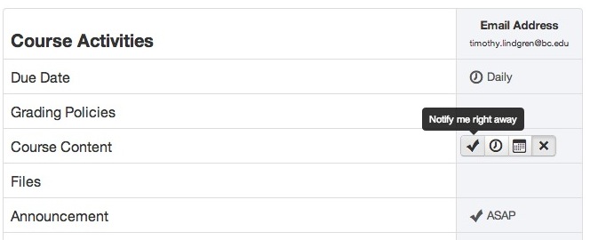 Canvas  notification settings dasboard shows the types of course activities (e.g. due date, grading policies, course content, files, announcement, etc.) and the chance to indicate how quickly you would like to be notified about a change (e.g. immediately, daily, etc.)