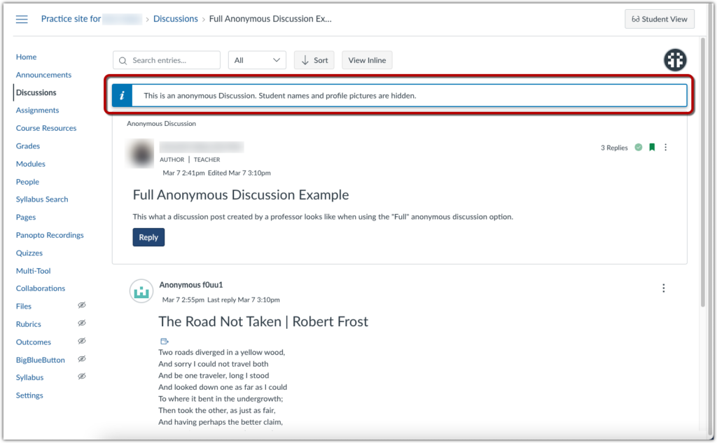 Screenshot of an anonymous Discussion, with a banner at the top indicating "This is an anonymous Discussion. Student names and profile pictures are hidden.