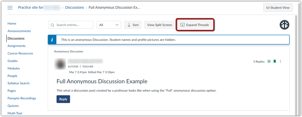 A screenshot of a threaded Discussion with threads inline, highlighting a button at the top to "Expand threads."