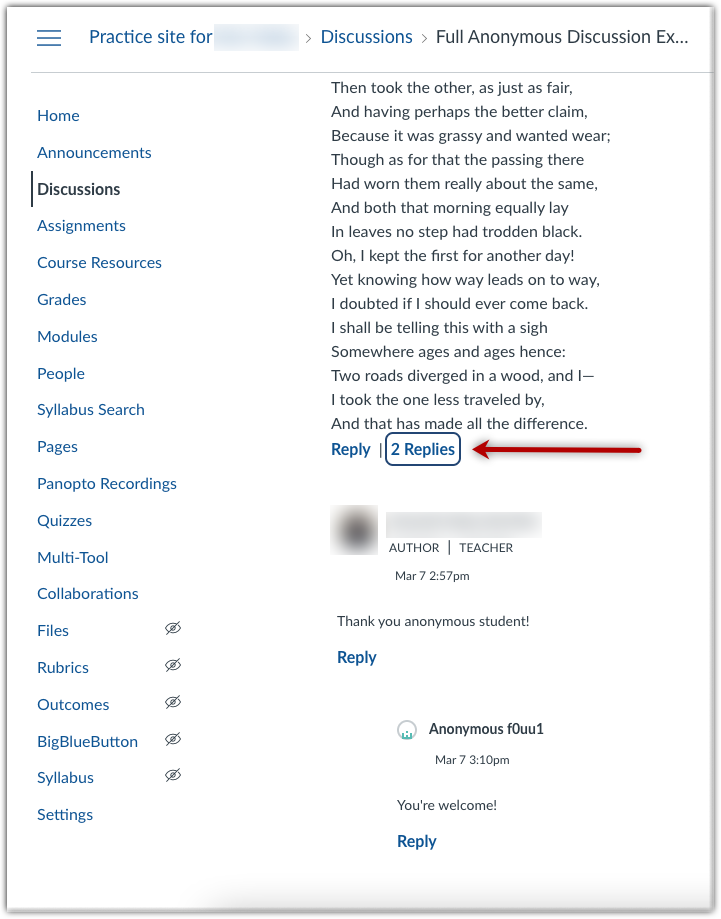Screenshot showing a threaded Discussion with two replies, highlighting a button labeled "2 Replies" which will open that thread.