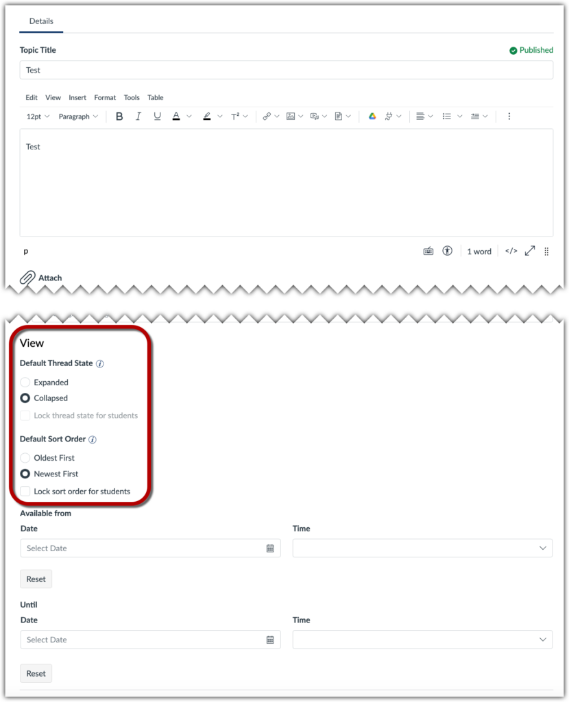 Screen shot of the screen for creating a Discussion, highlighting options to view threads either expanded or collapsed, and sorted either by newest or oldest, with checkboxes to lock those defaults for students as well.