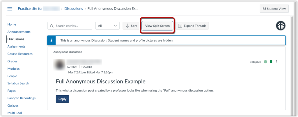 Screenshot of a threaded Discussion, viewed inline, with a button highlighted at the top to "View Split Screen."