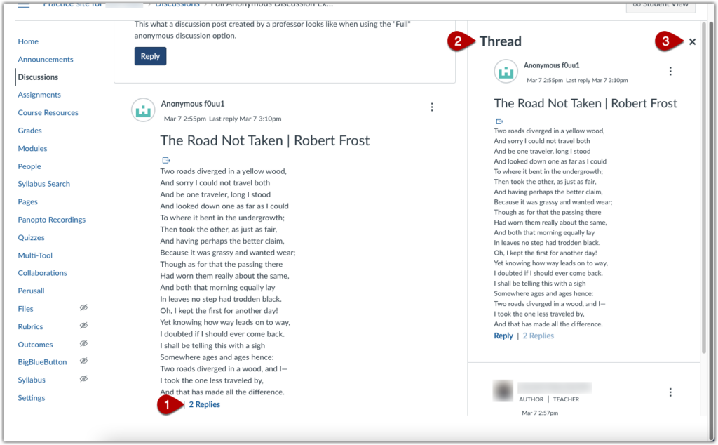 Screenshot showing a split screen view of a threaded discussion, with the prompt and main body of the discussion in a central column and one thread in a separate column on the right.